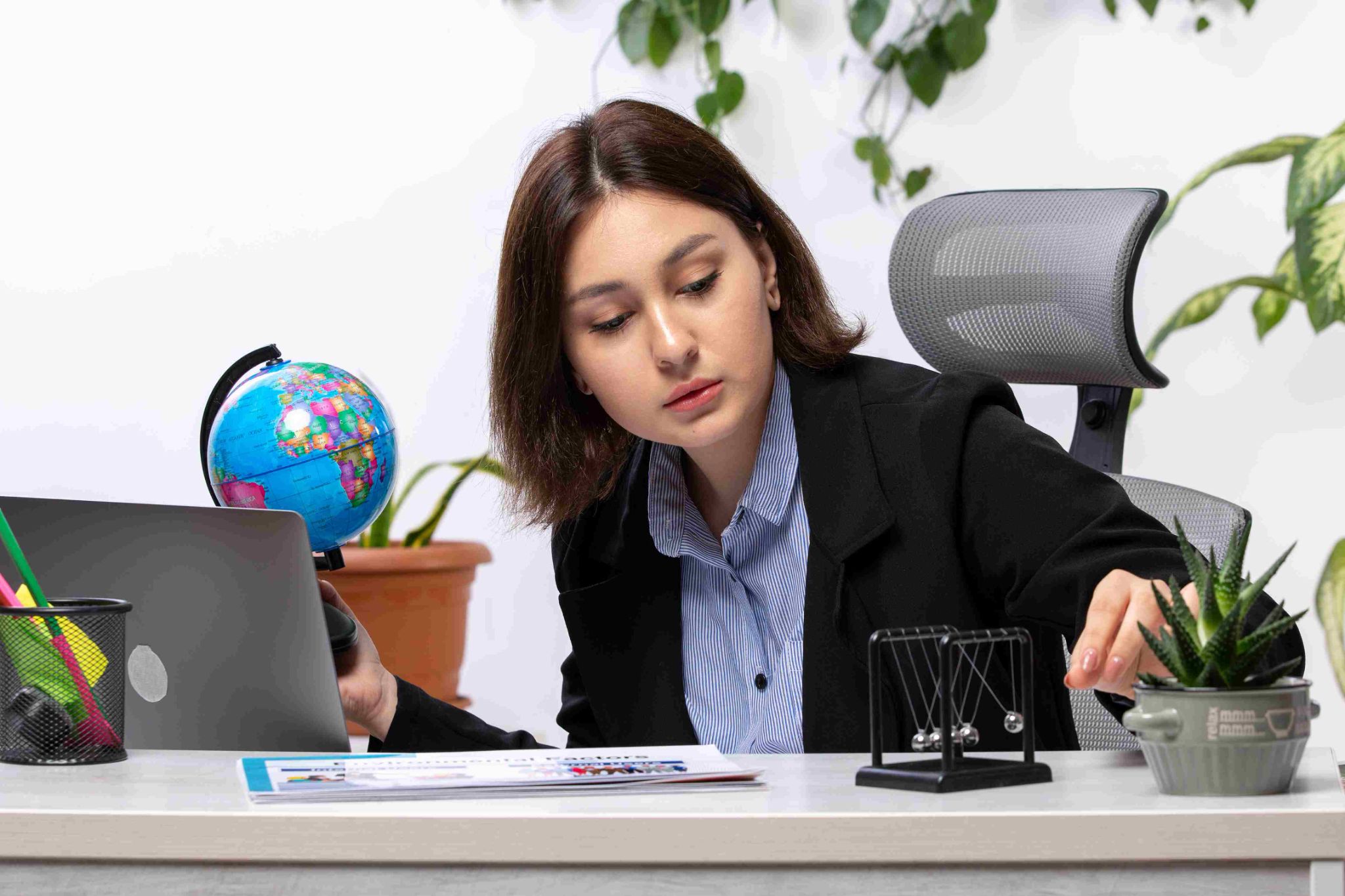 Focused woman working at a desk