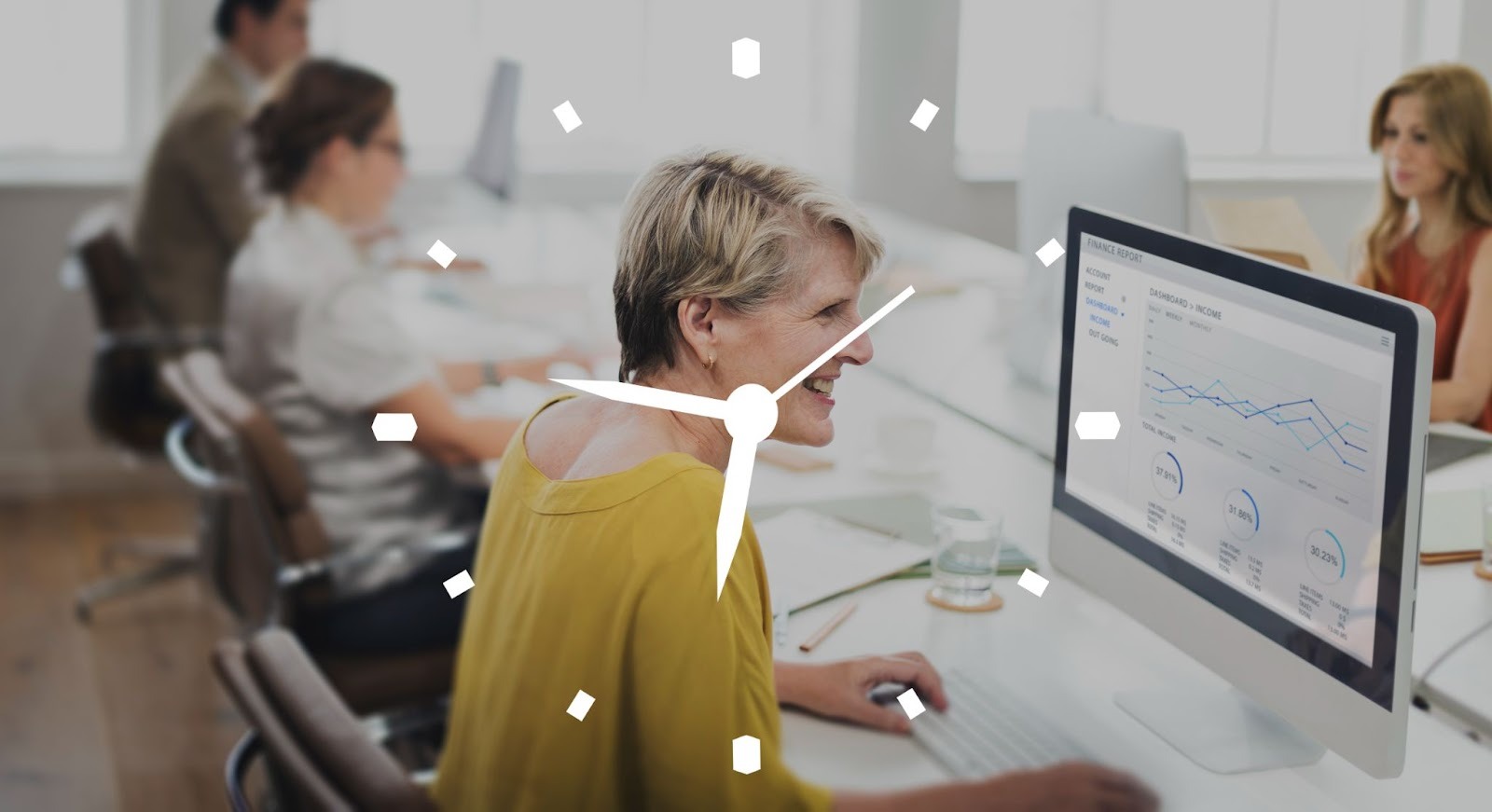 Business analytics dashboard with clock overlay in office