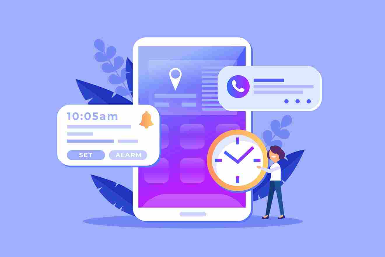 Illustration of a mobile phone displaying an alarm and a person pointing at a clock