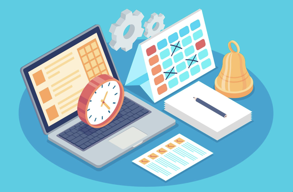 Illustration of a laptop, calendar, clock, bell, and documents