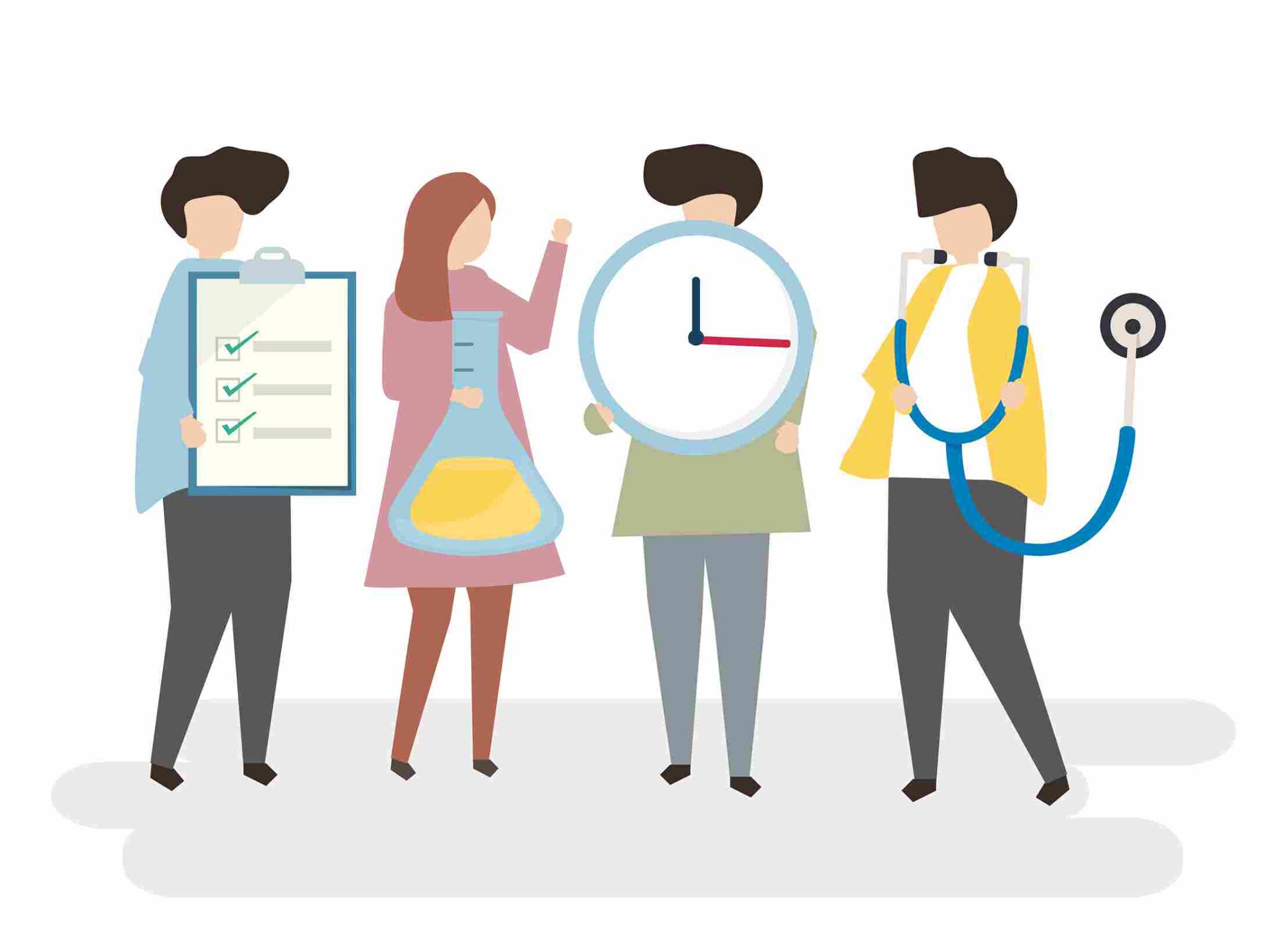 Illustration of healthcare staff with a clock and clipboard