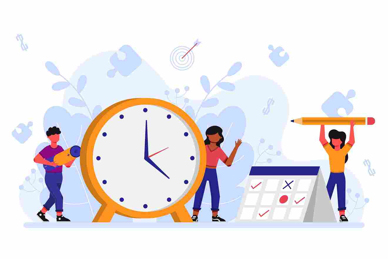 Illustration of people around a large clock and calendar