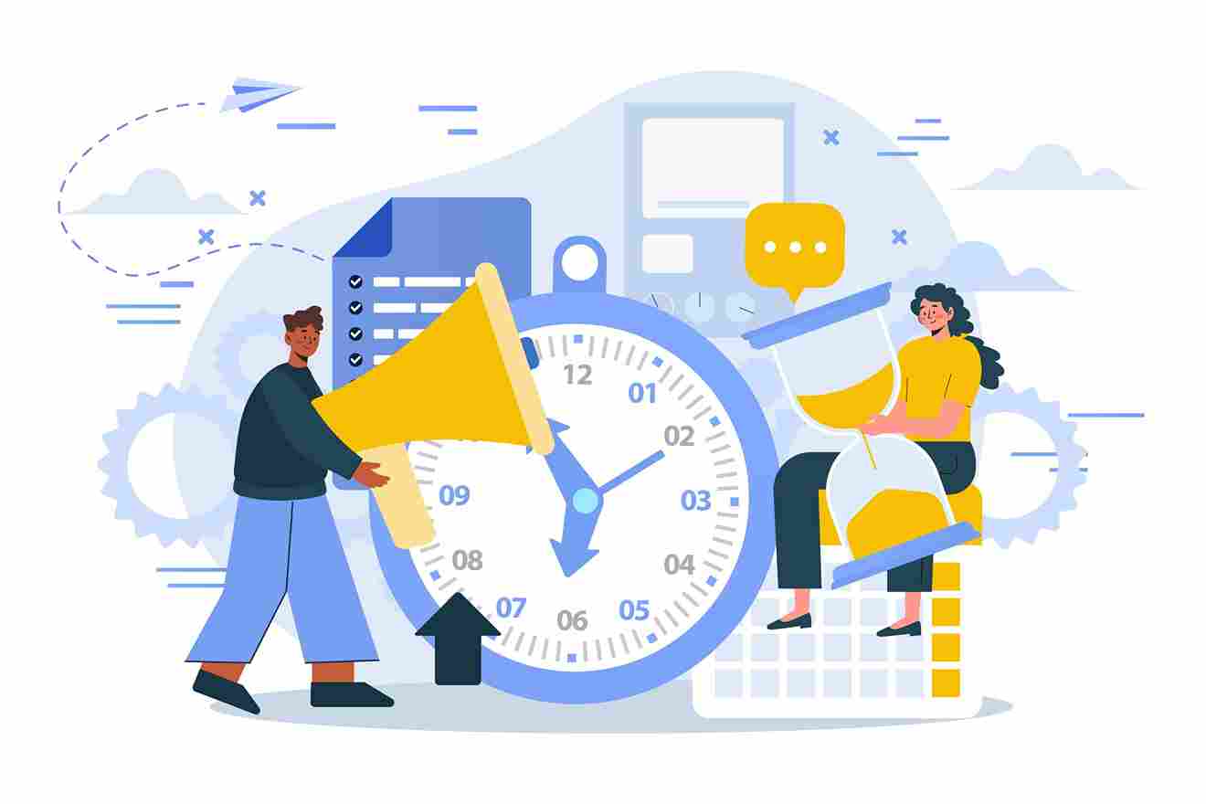 Illustration of people with a megaphone, hourglass, and clock