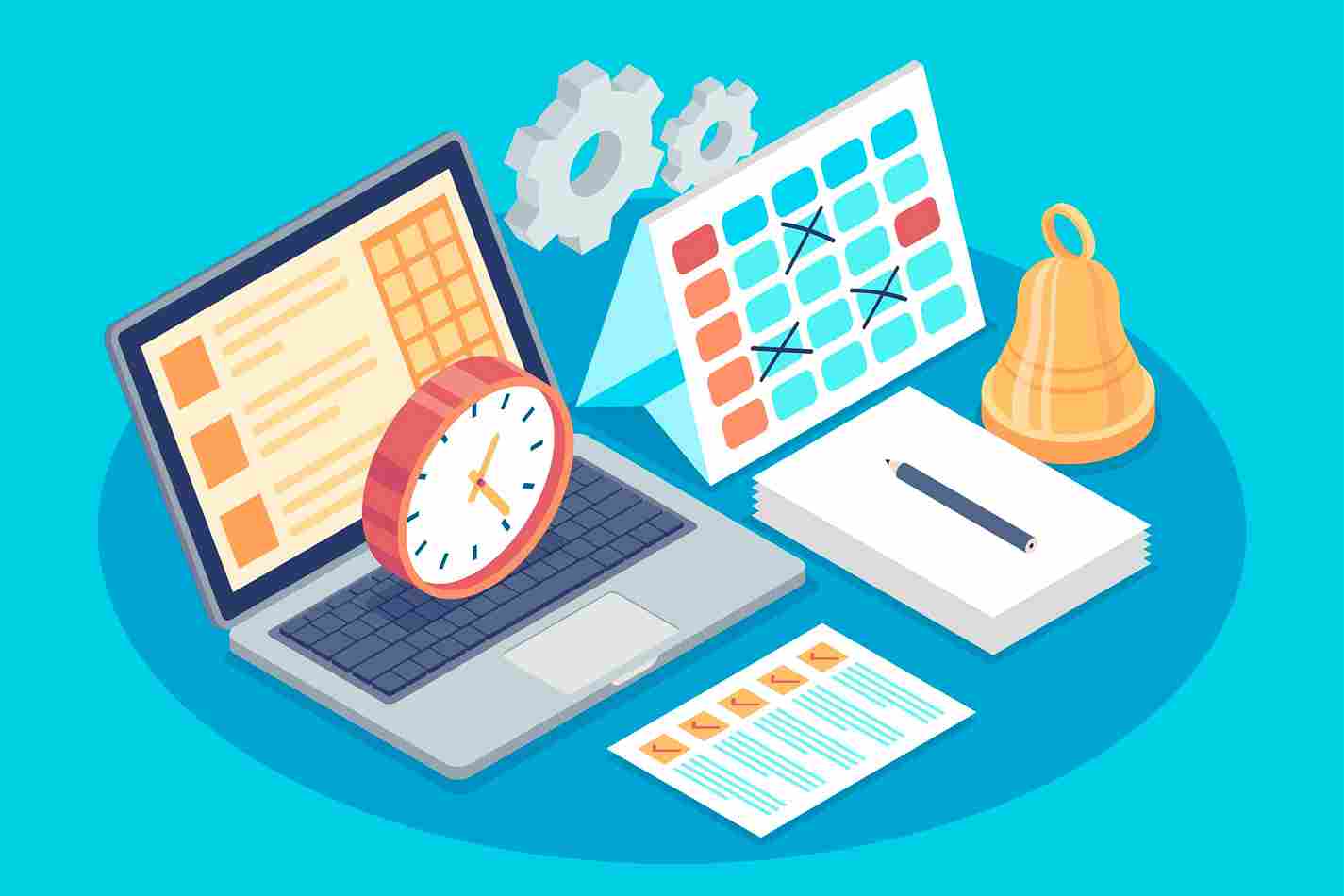 Illustration of a laptop, clock, calendar, and gears representing time tracking