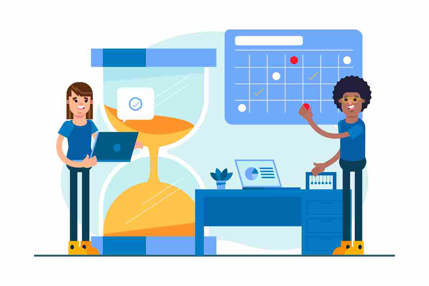 Illustration of employees with a giant hourglass and calendar