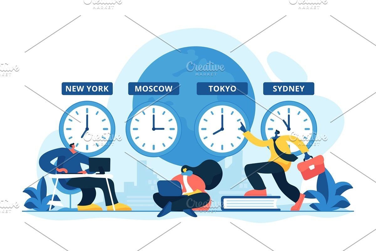Illustration of clocks for New York, Moscow, Tokyo, and Sydney