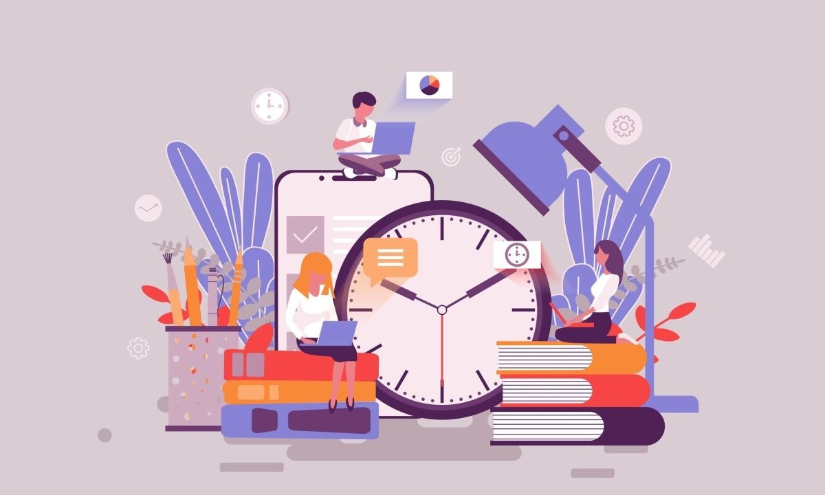 Illustration of people sitting on books around a giant clock