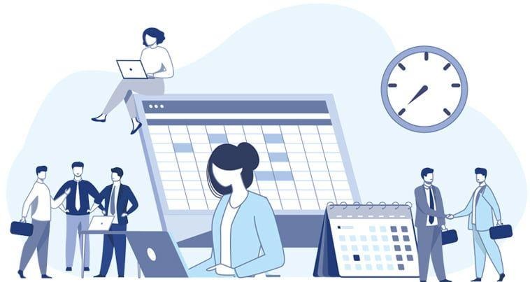 People working around a calendar and clock