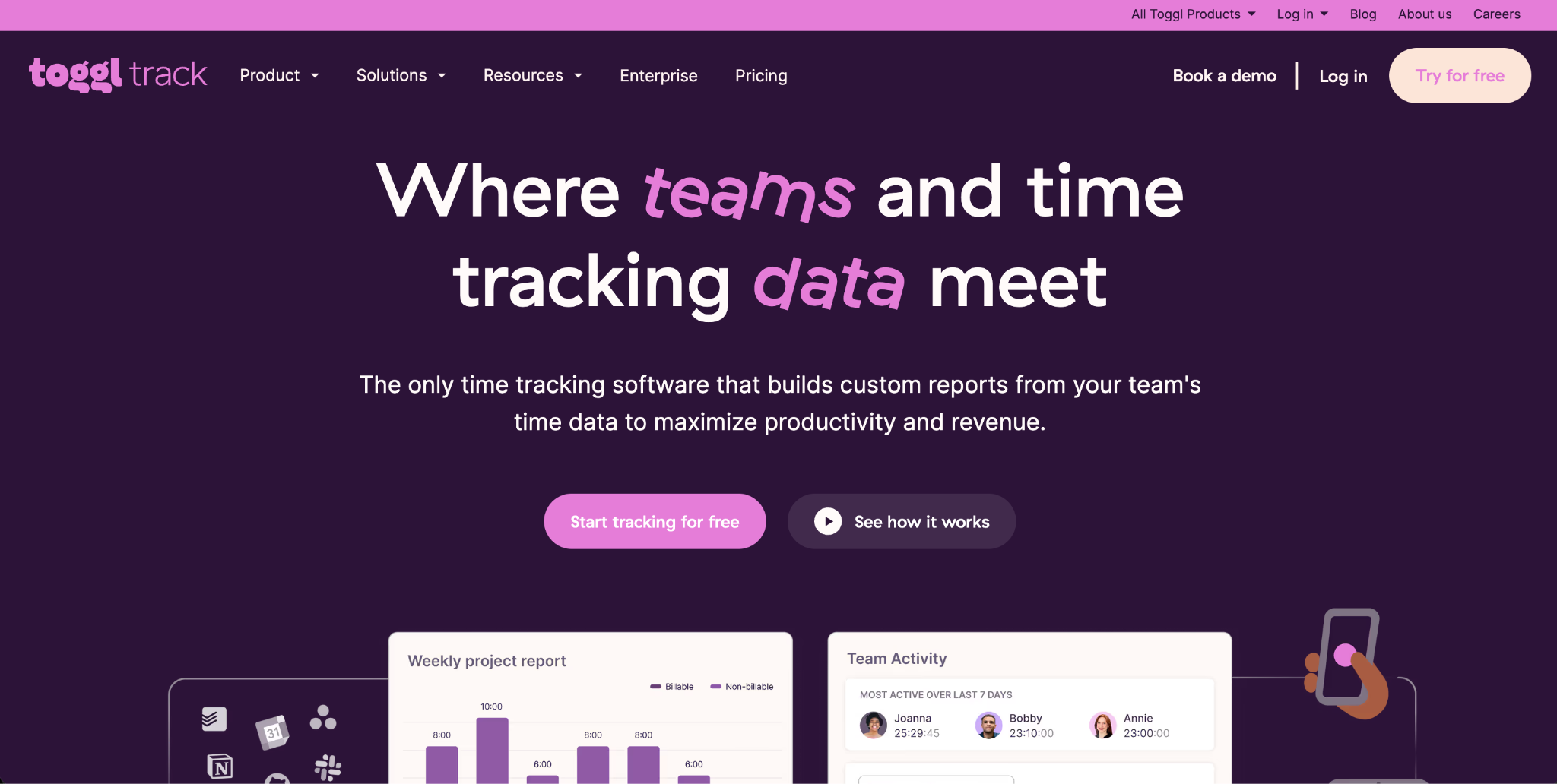 Toggl Track interface showing simple time tracking and reports