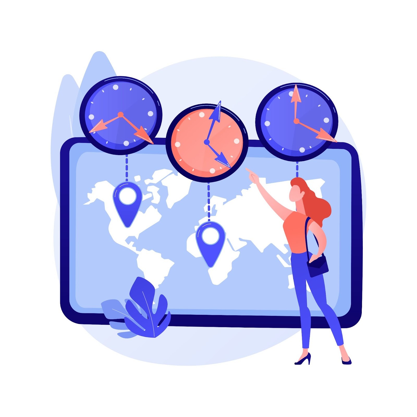 Illustration of people with a map and clocks