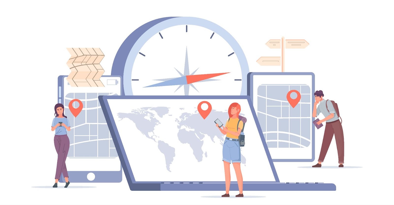 Illustration of people with a laptop, map, and clock