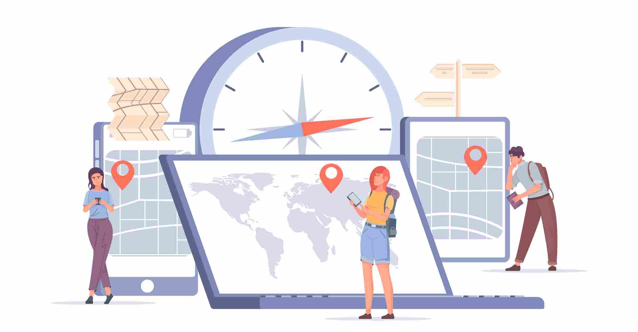 Illustration of people using a time tracking system on laptop
