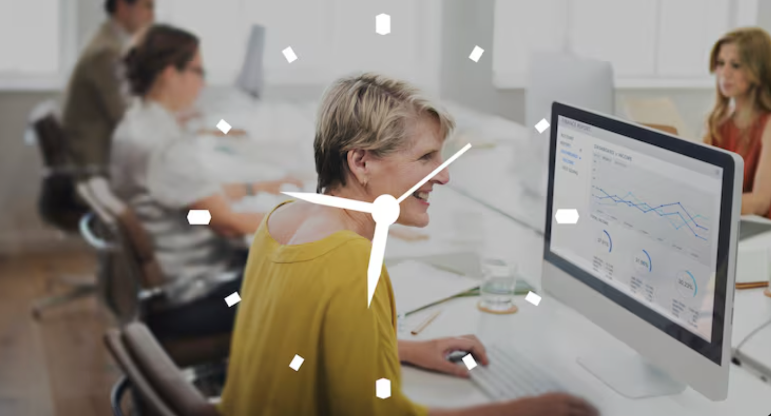 Office workers with a clock overlay indicating time tracking