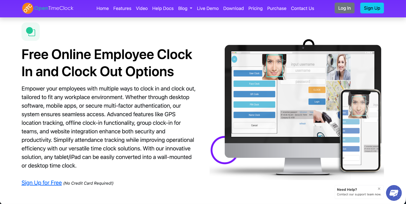 Open Time Clock software interface and features