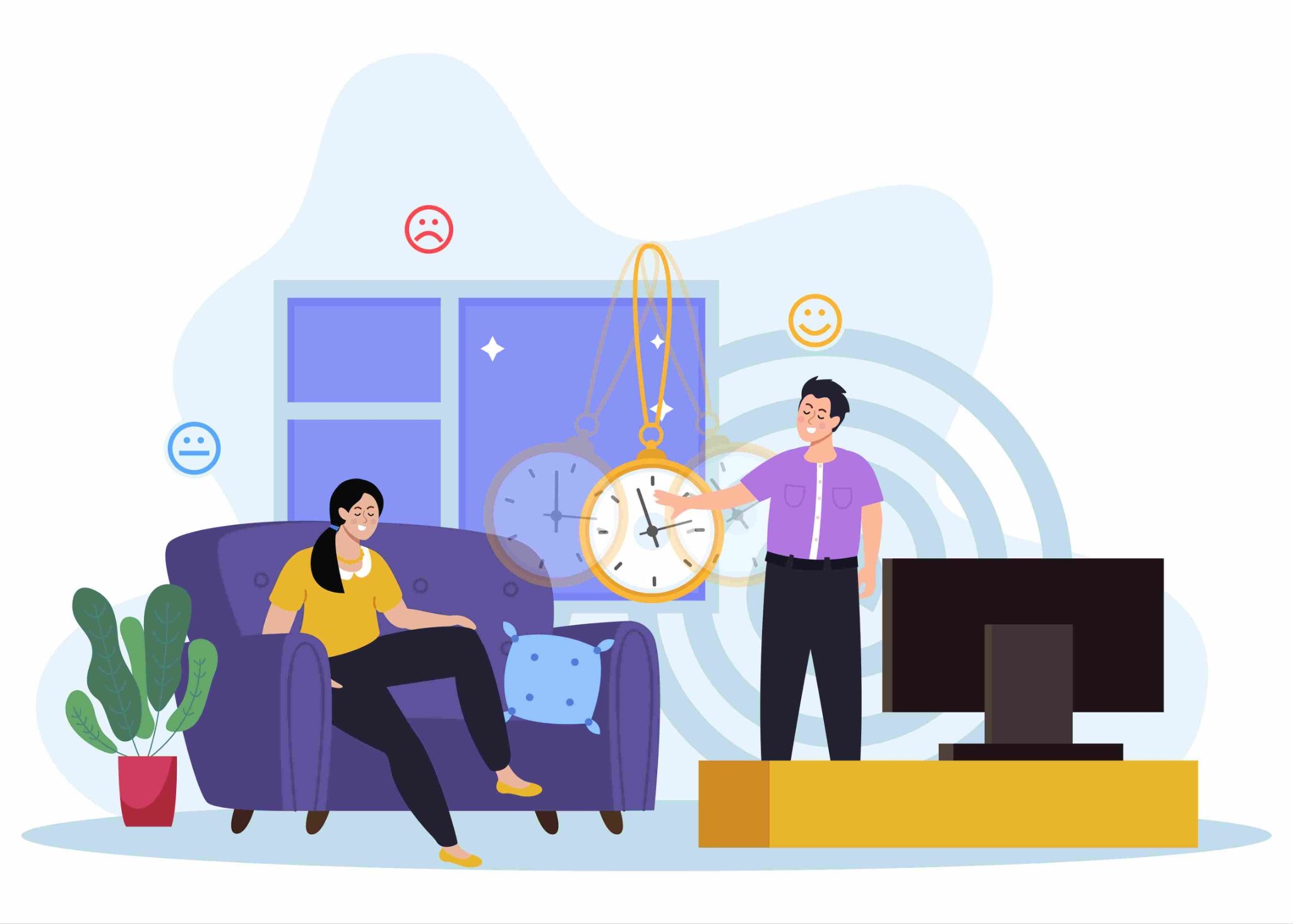 Illustration of employees in an office setting with a clock
