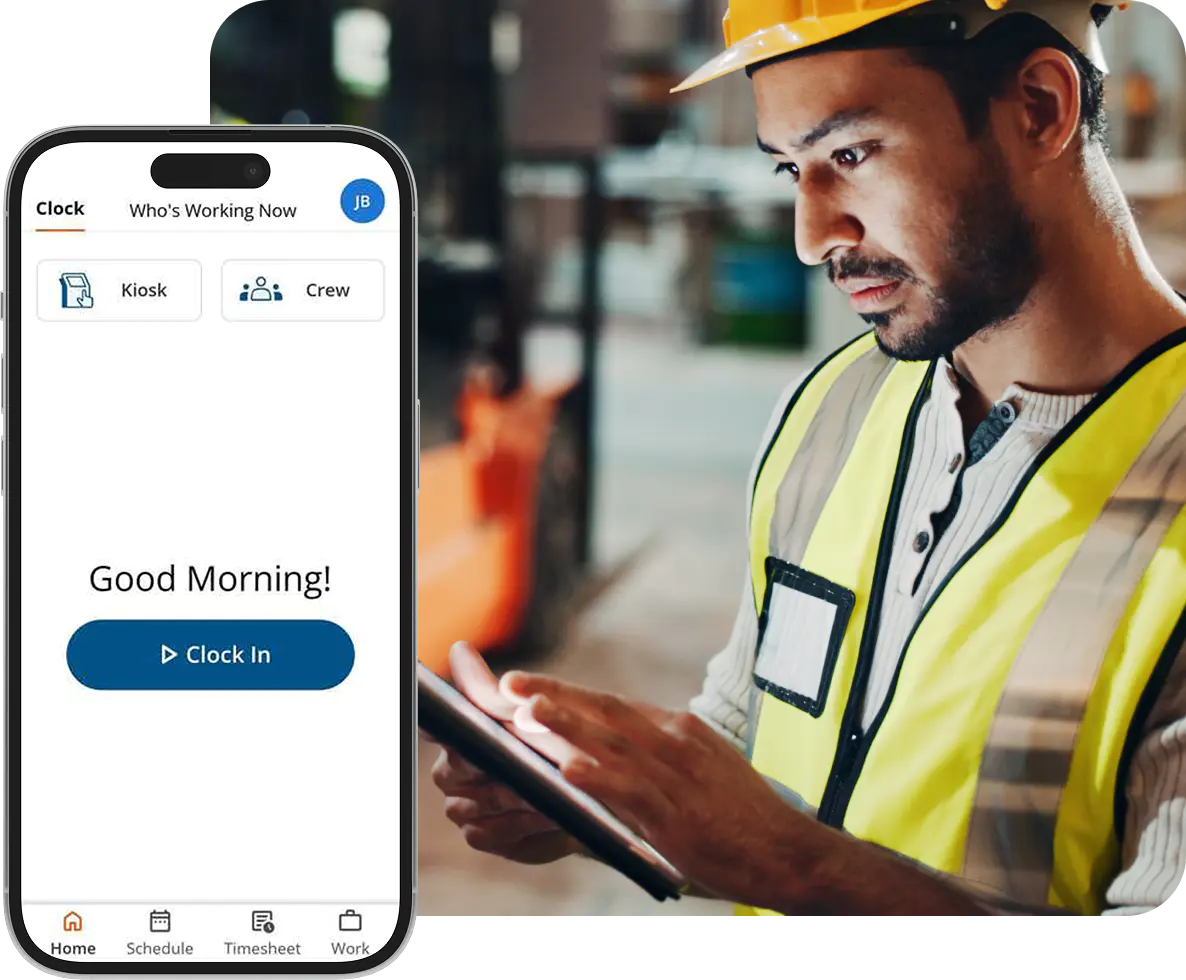 Construction worker clocking in on a tablet