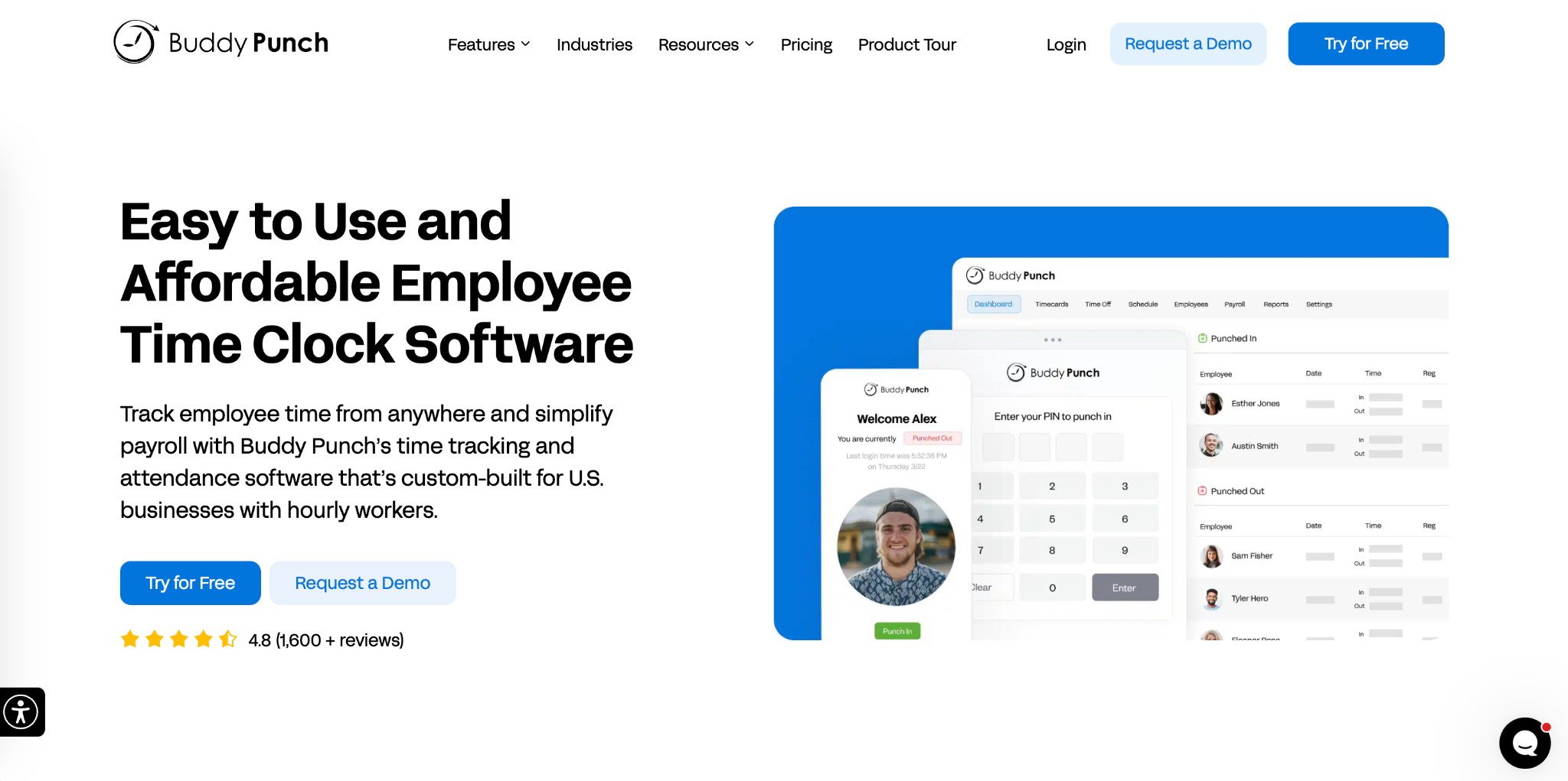 Buddy Punch website screenshot showing easy to use and affordable employee time clock software
